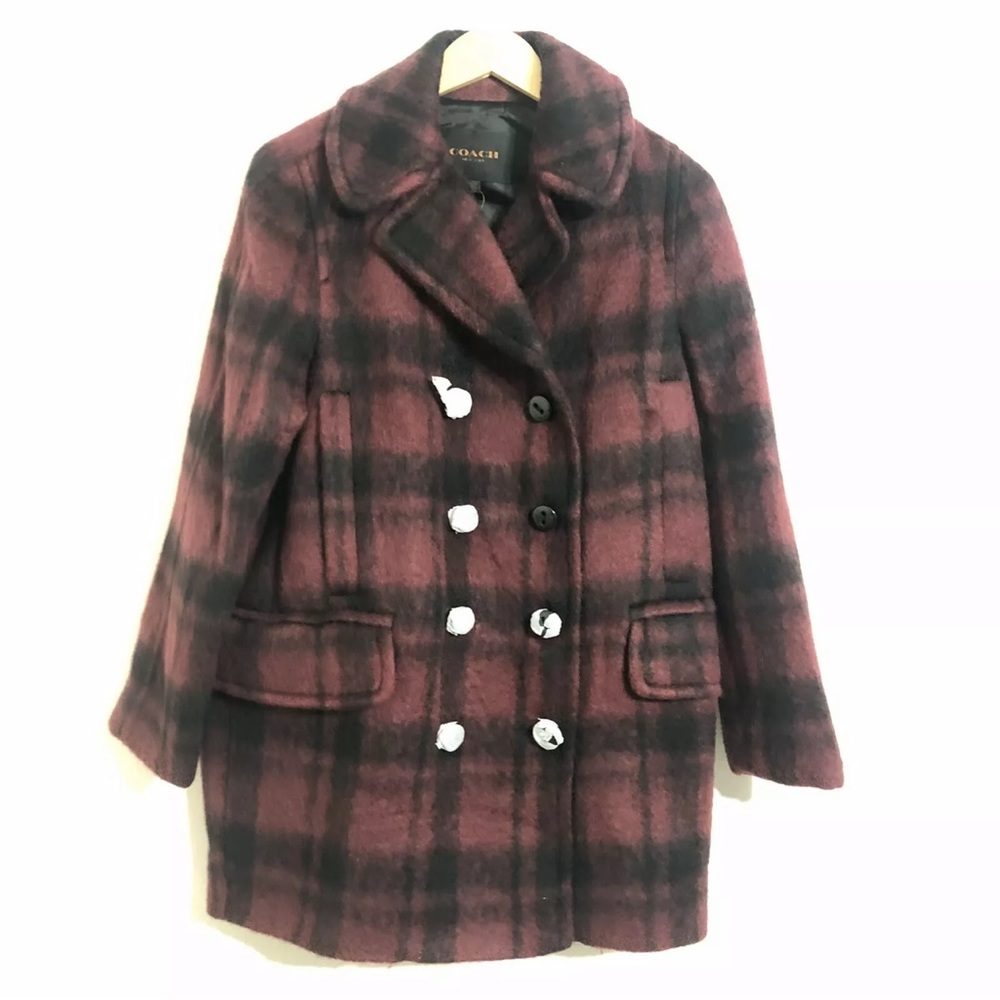 New Coach Wool Blend Plaid Long Peacoat Jacket Size M Cranberry MSRP $675